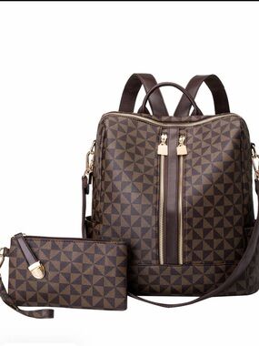 Brown Geometric Pattern Backpack with Pouch